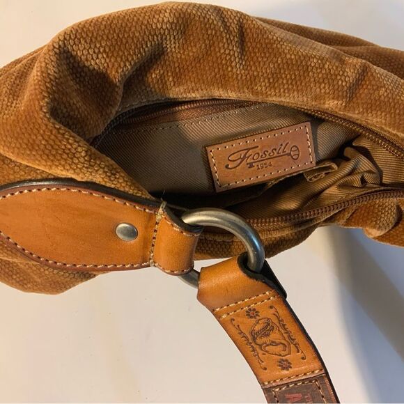 Fossil Brown Brushed Corduroy Velvet  Handbag Leather University of AL Strap - Picture 12 of 12